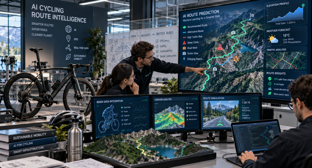 Engineers developing AI cycling navigation systems with predictive route analysis technology