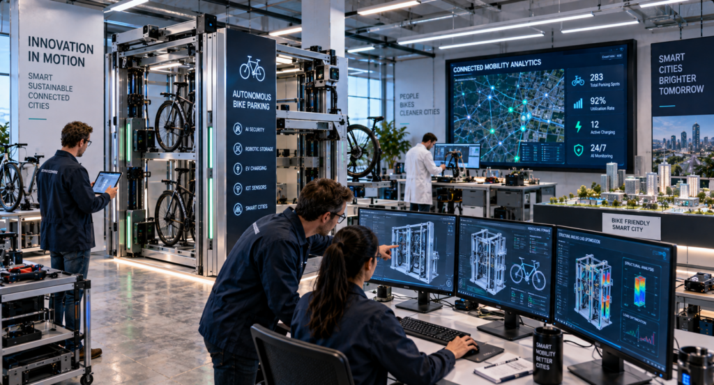 Engineers developing AI-powered smart bike parking systems with connected infrastructure technology