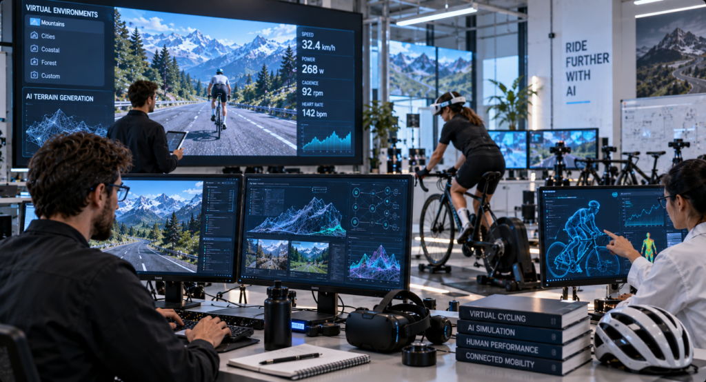 Engineers developing immersive cycling worlds with VR systems and AI simulation technology