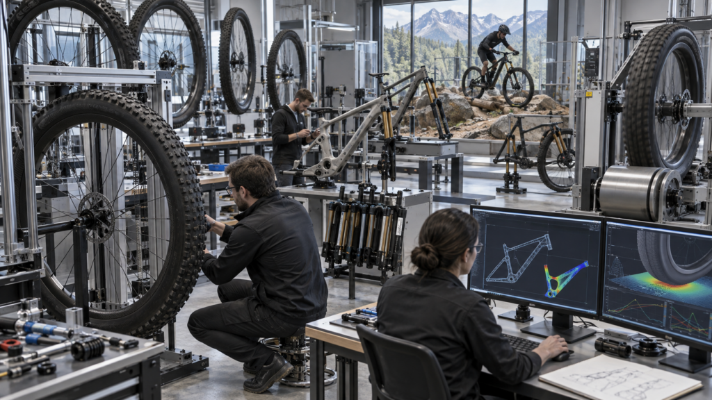 Engineers testing 32-inch bicycle wheels, tires, forks, and frame geometry