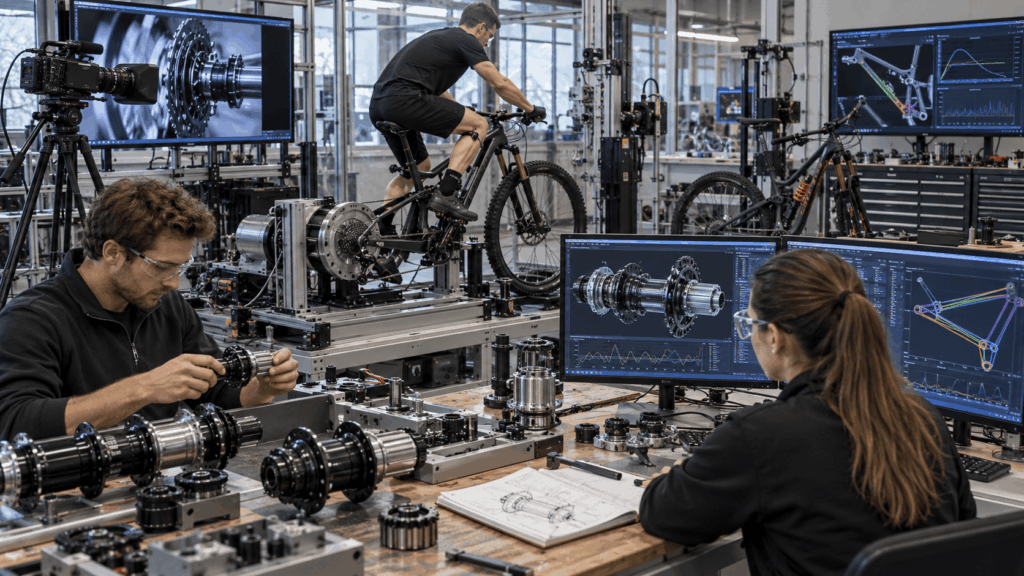 Engineers testing anti-pedal-kickback hubs and adjustable freehub engagement systems