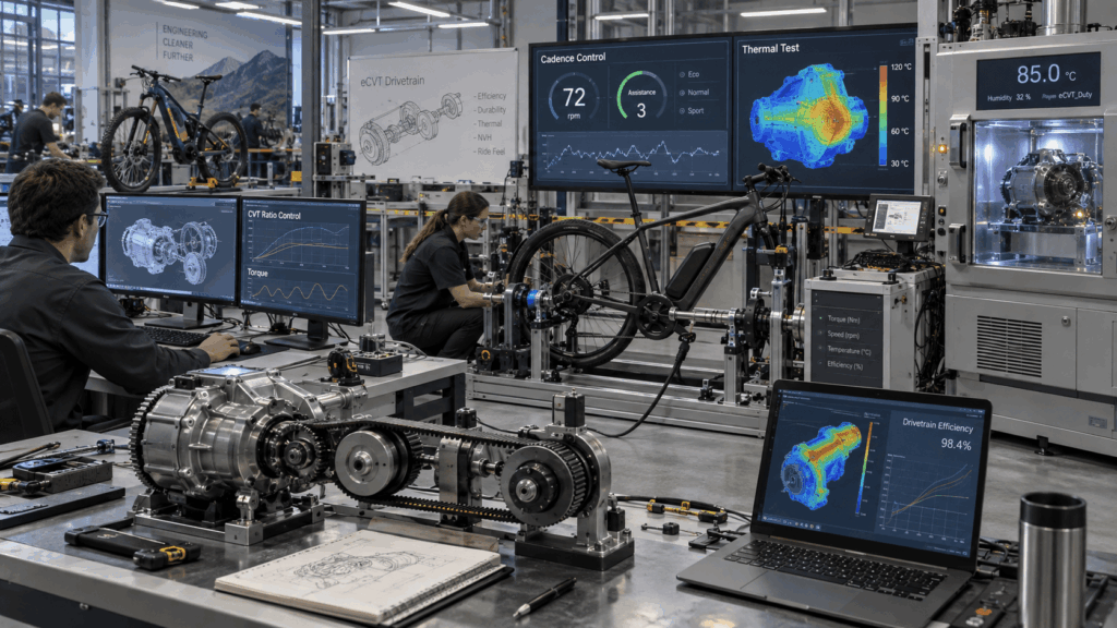 Engineers testing eCVT e-bike drivetrains and integrated motor gearbox technology