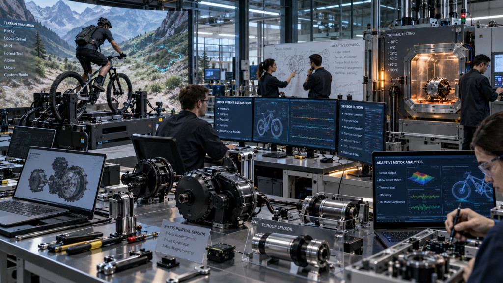Engineers testing rider-intent e-bike motors with sensor fusion and adaptive assistance technology