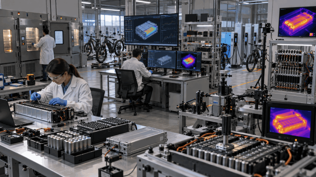 Engineers testing semi-solid-state e-bike batteries for charging, safety, and energy density