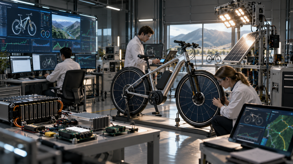 Engineers testing solar e-bike charging systems and photovoltaic wheel technology