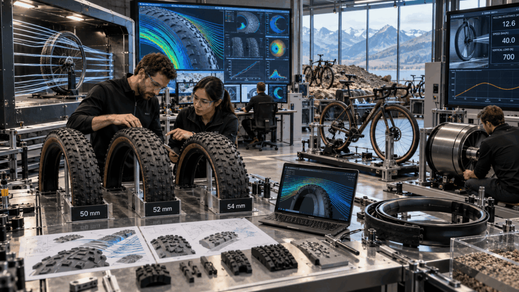 Engineers testing wide aero gravel tires with CFD and rotating wheel simulations