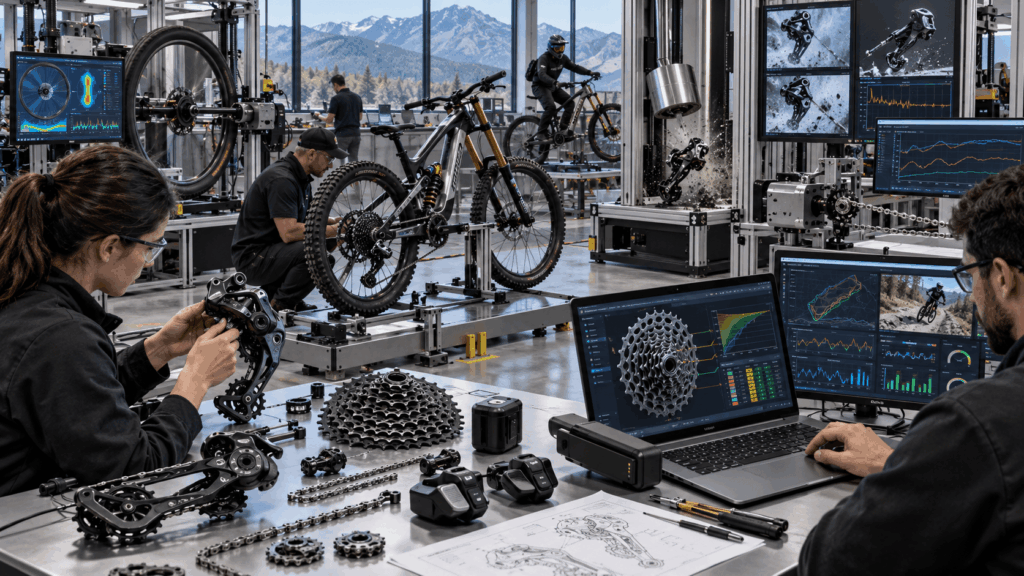 Engineers testing wireless electronic downhill drivetrains and Full-Mount derailleur technology