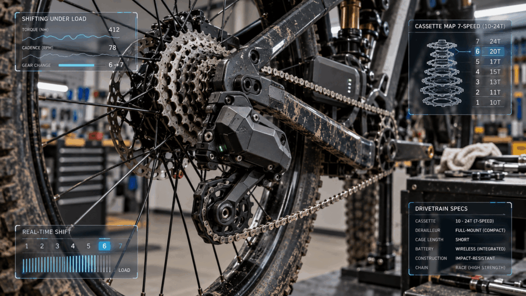 Full-Mount electronic downhill derailleur with 7-speed cassette and wireless shifting system