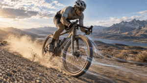 Gravel cyclist using wide aerodynamic tires with sidewall vortex generators