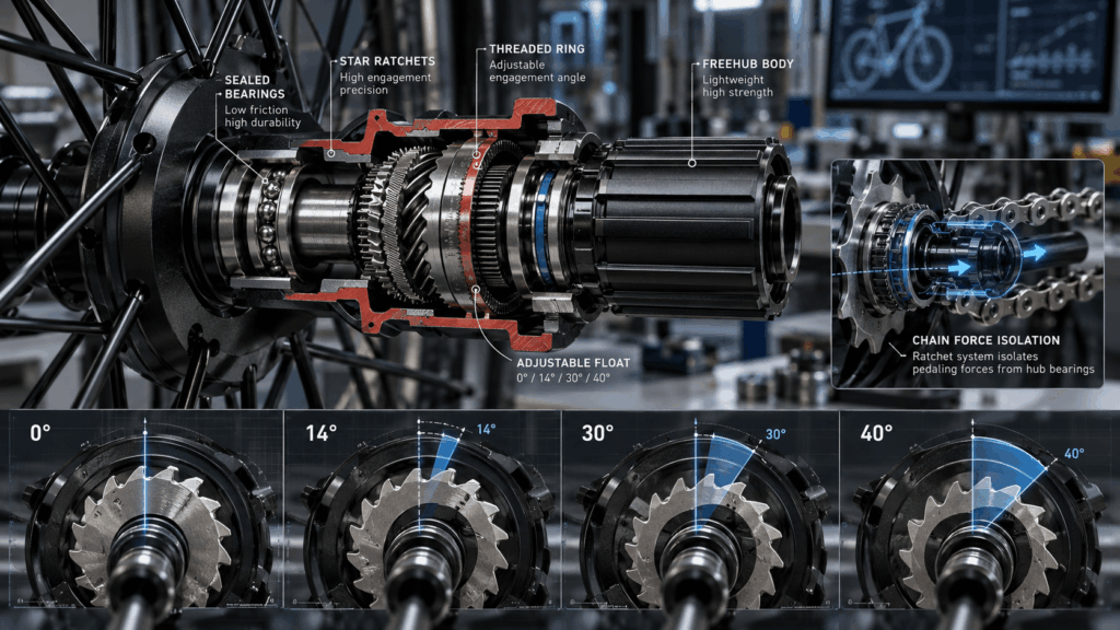Mountain bike freehub cutaway showing adjustable float and anti-pedal-kickback technology