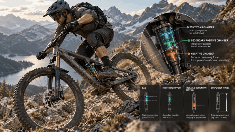 Mountain biker using a multi-chamber air shock with adjustable support and bottom-out control