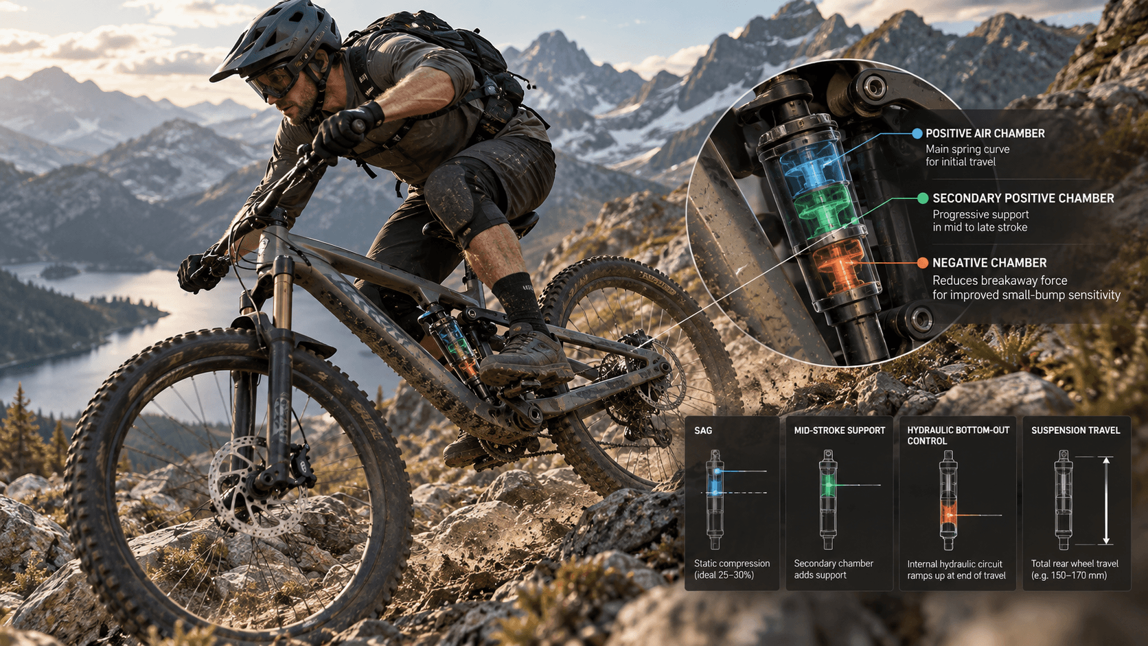 Mountain biker using a multi-chamber air shock with adjustable support and bottom-out control