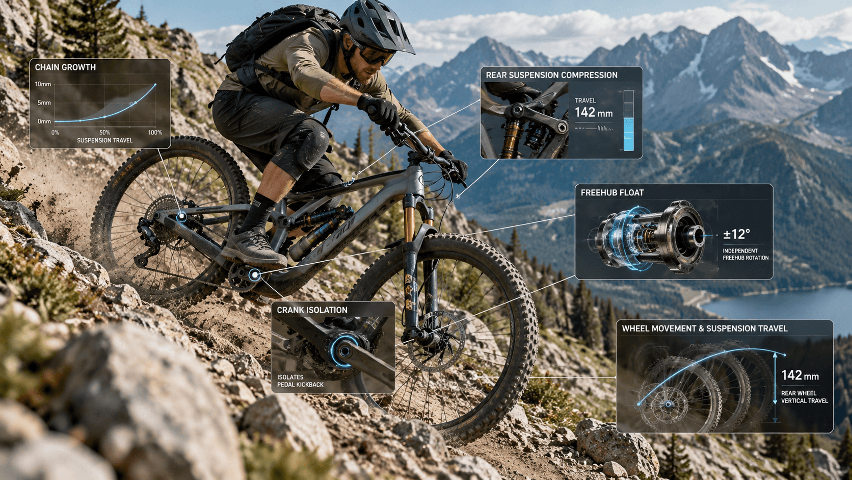 Mountain biker using an anti-pedal-kickback hub with adjustable freehub float