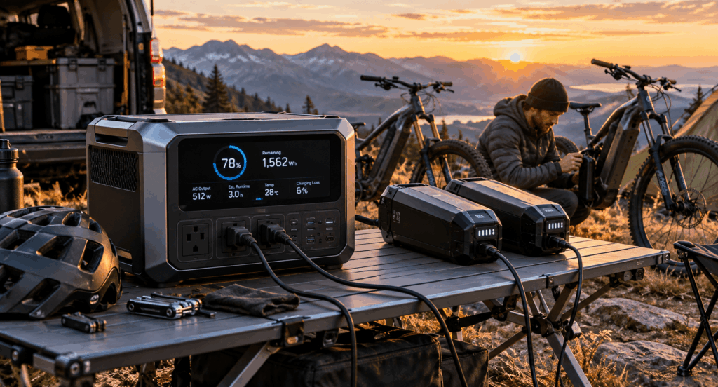 Portable power station charging e-bike batteries with real-time energy monitoring