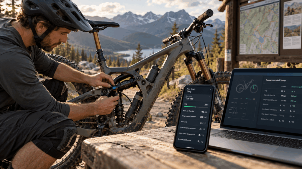 Rider using digital suspension setup tools to tune air pressure, sag, rebound, and compression