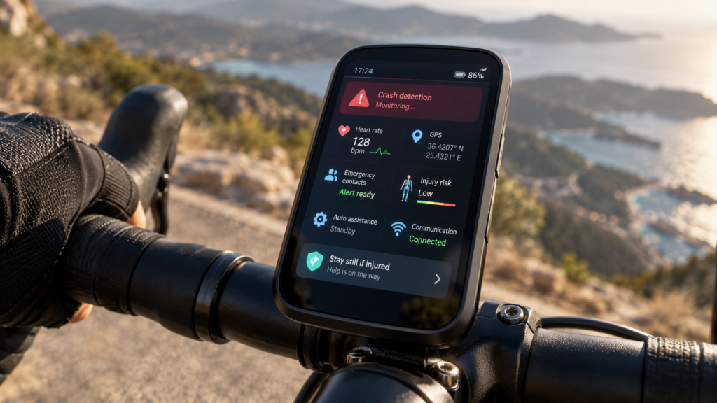 Smart cycling computer showing AI crash detection and emergency response dashboard