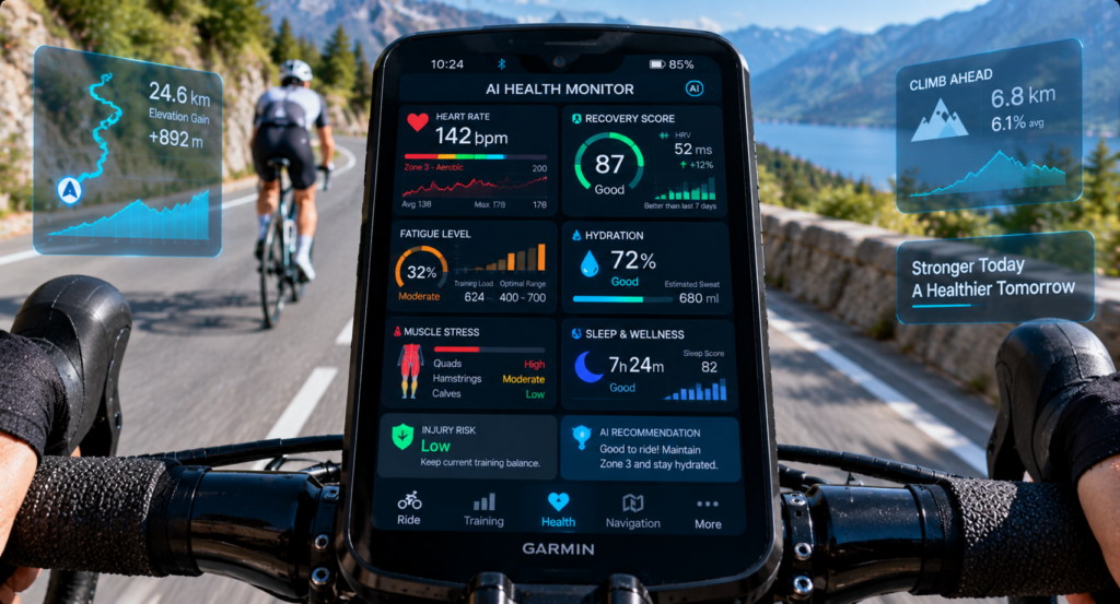 Smart cycling computer showing AI health monitoring dashboard with rider wellness data
