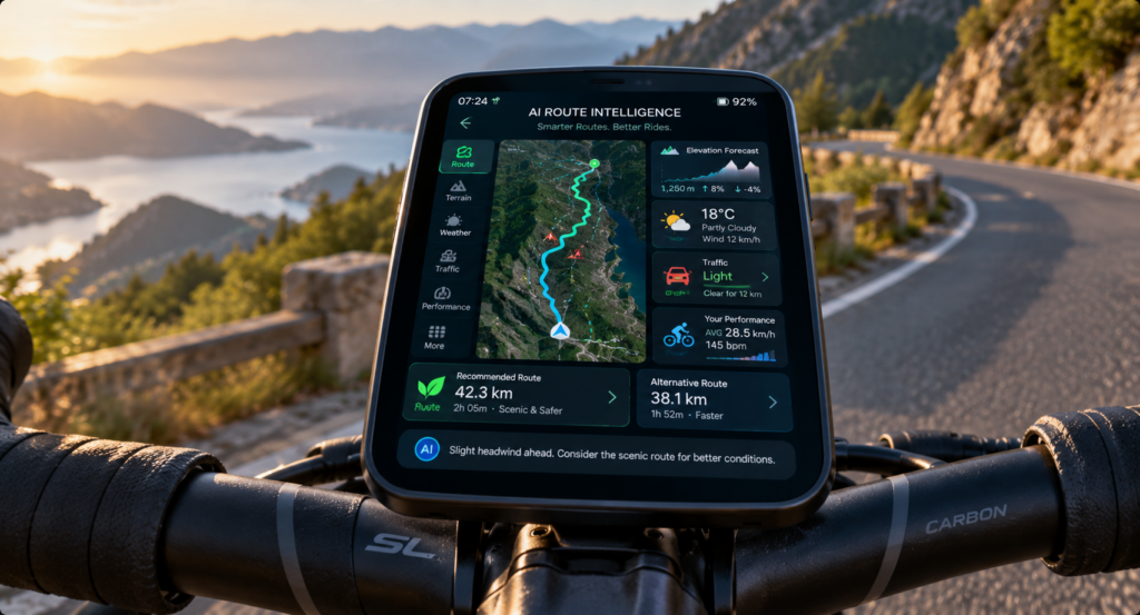 Smart cycling computer showing AI navigation dashboard with predictive route planning features