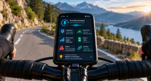 Smart cycling computer showing AI voice assistant dashboard with connected bike controls
