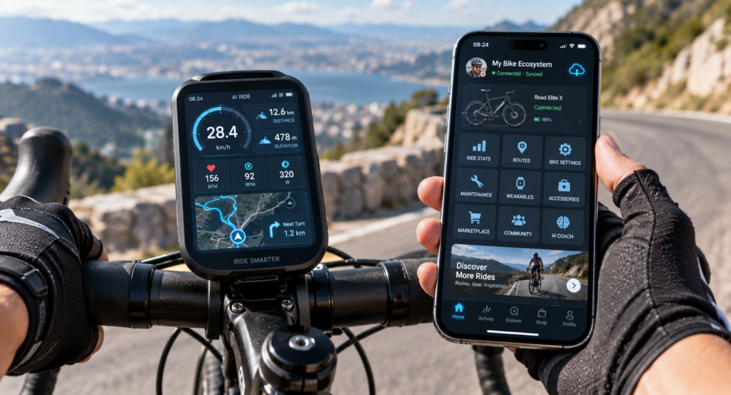 Smart cycling dashboard showing AI connected bicycle ecosystem and cloud-based rider services