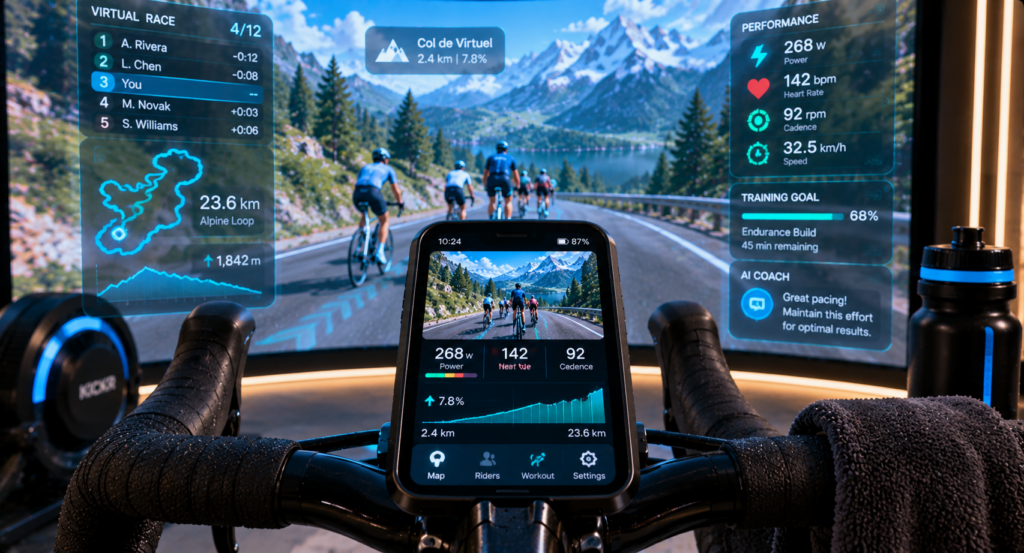 Smart cycling system displaying virtual reality training world with AI race simulations