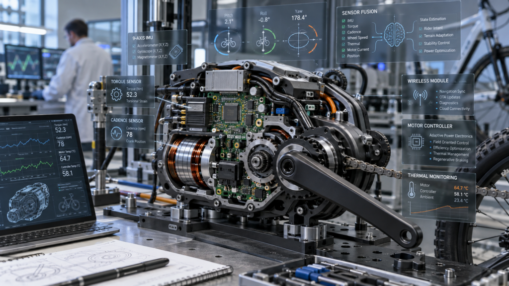 Smart e-bike mid-drive motor with 9-axis MEMS sensors and adaptive power electronics