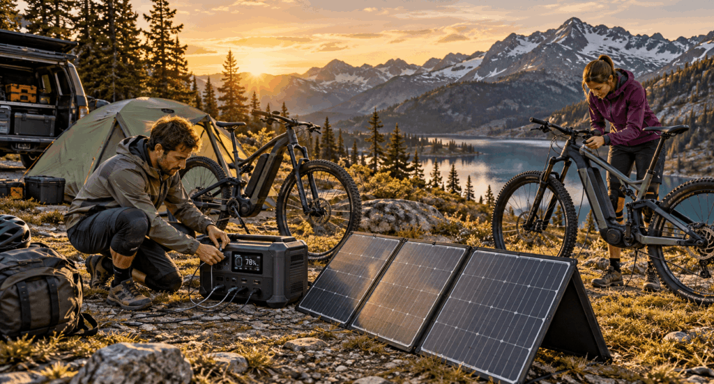 Solar-powered e-bike charging base camp using folding panels and portable battery storage