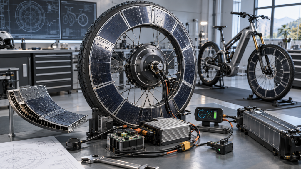 Wheel-integrated solar panels with MPPT charging and smart e-bike energy components