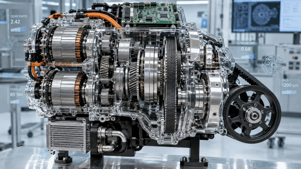 eCVT e-bike motor gearbox showing continuously variable transmission and electronic controls