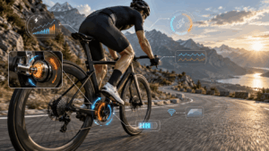 Cyclist using self-charging power meter pedals with rotational energy harvesting