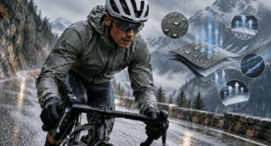 Cyclist wearing PFAS-free breathable rainwear during a wet mountain ride