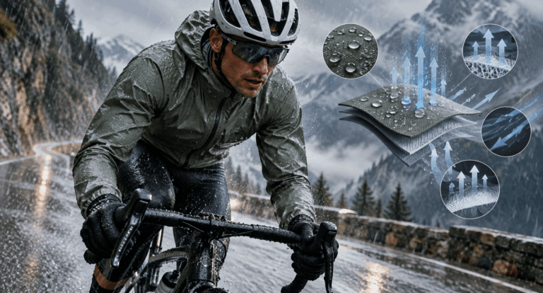 Cyclist wearing PFAS-free breathable rainwear during a wet mountain ride