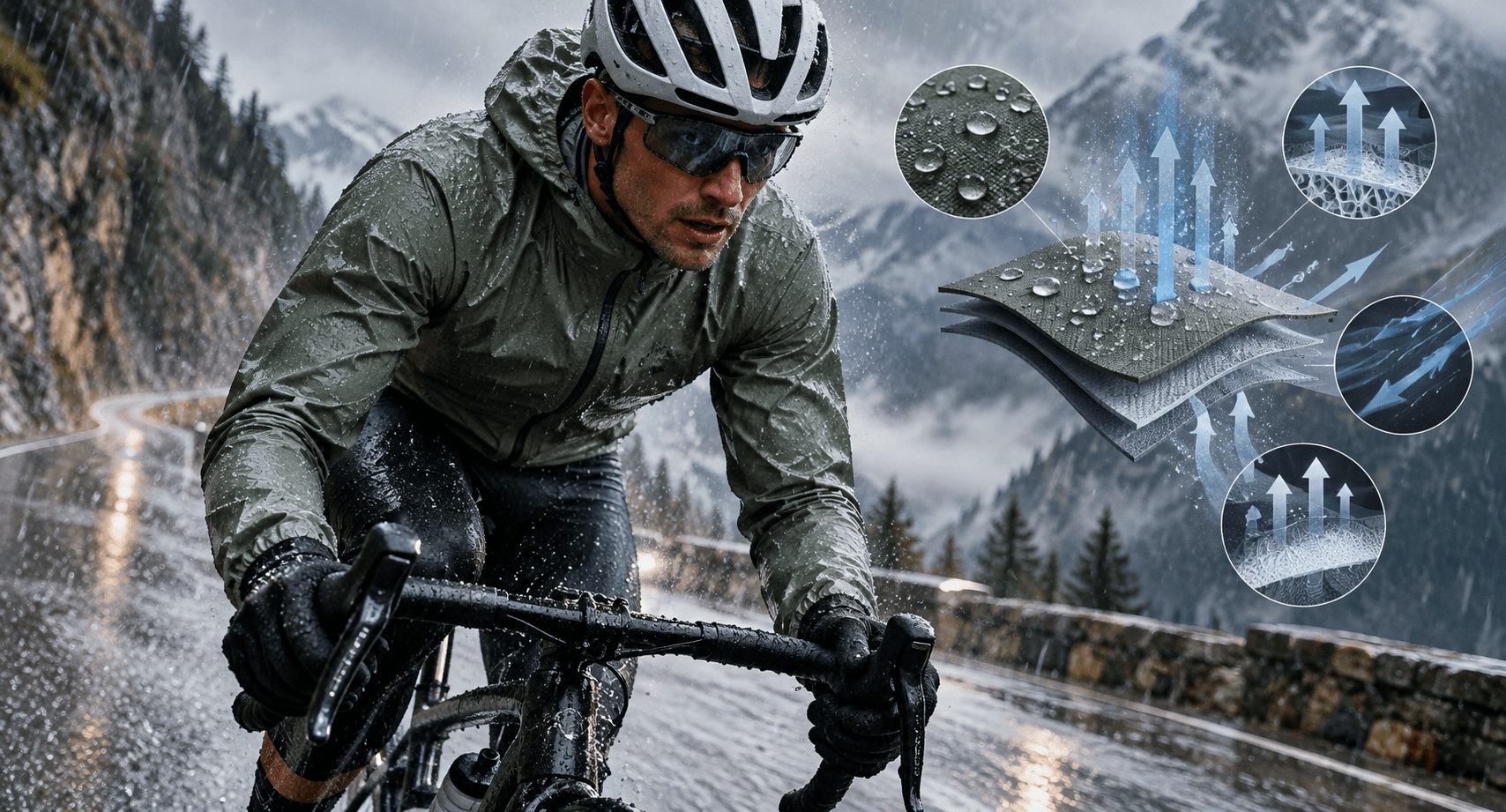 Cyclist wearing PFAS-free breathable rainwear during a wet mountain ride