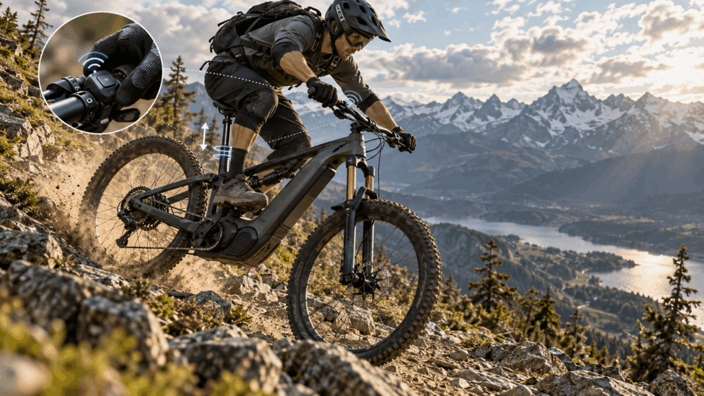 E-MTB rider using a main-battery-powered electronic dropper seatpost