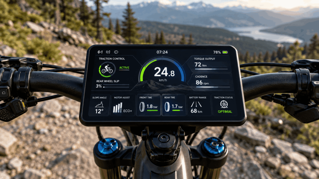 E-bike display showing traction control, motor support, and live tire pressure data