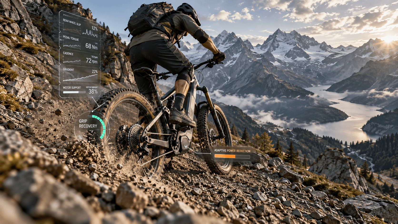 E-mountain biker using smart traction control to manage wheel slip on a loose climb
