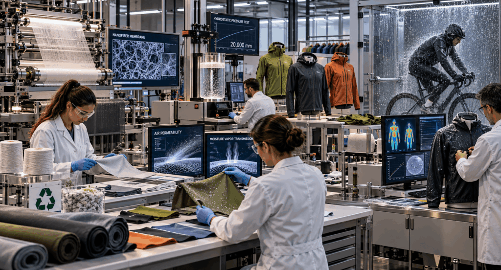 Engineers testing PFAS-free cycling fabrics for rain protection and breathability