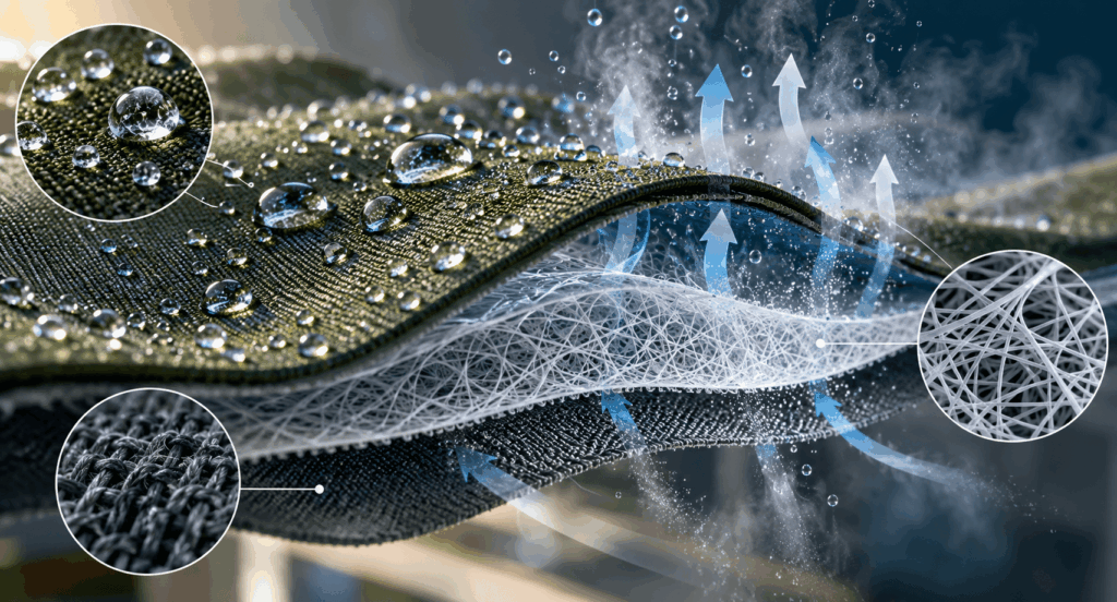 PFAS-free nanofiber cycling fabric showing breathable airflow and water repellency
