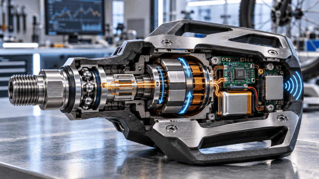 Self-powered cycling pedal with micro-generator, strain gauges, and energy storage